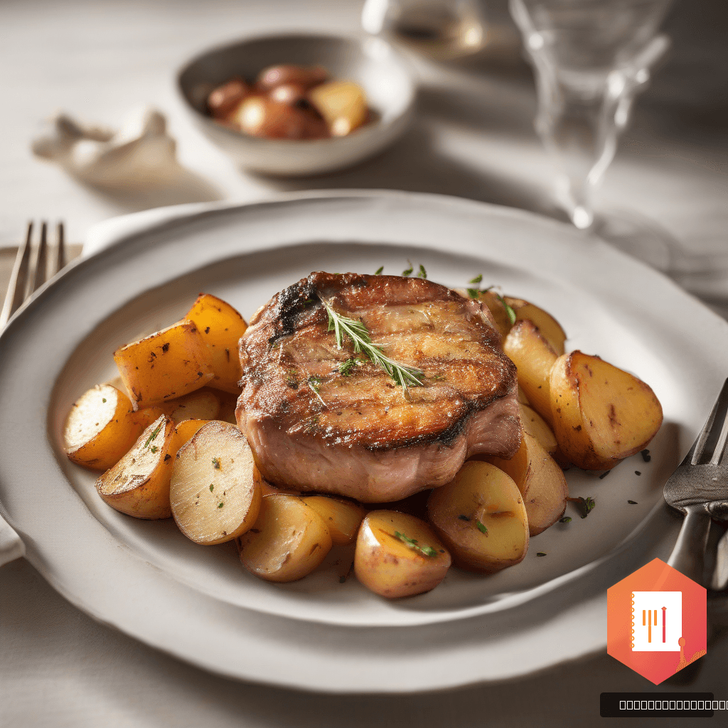 Cotlet de porc la cuptor cu cartofi în două culori și arome delicate