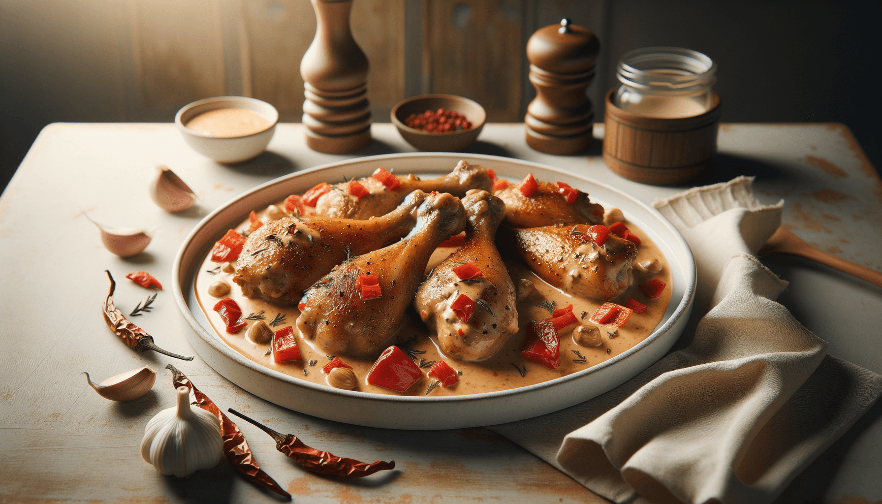 Pulpe de pui cu sos cremos de ardei copt și usturoi